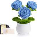 LAIDANLA Crochet Flowers Blue Roses Mini Potted, Handmade Blue Rose Anniversary Appreciation Birthday Gifts for Women Friend Teacher Coworker Mom Sister Knitted Flower for Desk Car