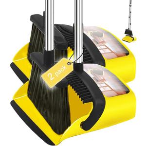 2-Pack is More economical,Brooms with Dustpan Combo Set with 52" Long Handle, Dustpan Teeth with self-Cleaning Function, Indoor and Outdoor Sweeping, Perfect for Home Office(Large/Yellow /2-Pack).