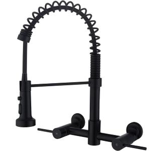 Wall Mount Kitchen Faucet Matte Black, 8 Inch Center Wall Mount Kitchen Sink Faucet with Pull Down Sprayer, Commercial, Black