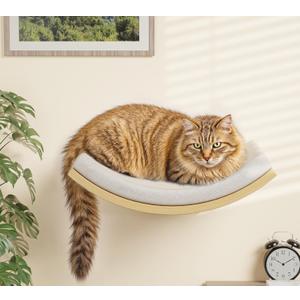 Cat Wall Shelf with Curved Hammock Bed, Wall Mounted Cat Perch with Beige Soft Foam Cushion, Floating Wall Furniture for Climbing, Sleeping & Lounging (Foam/Felt-Wood)