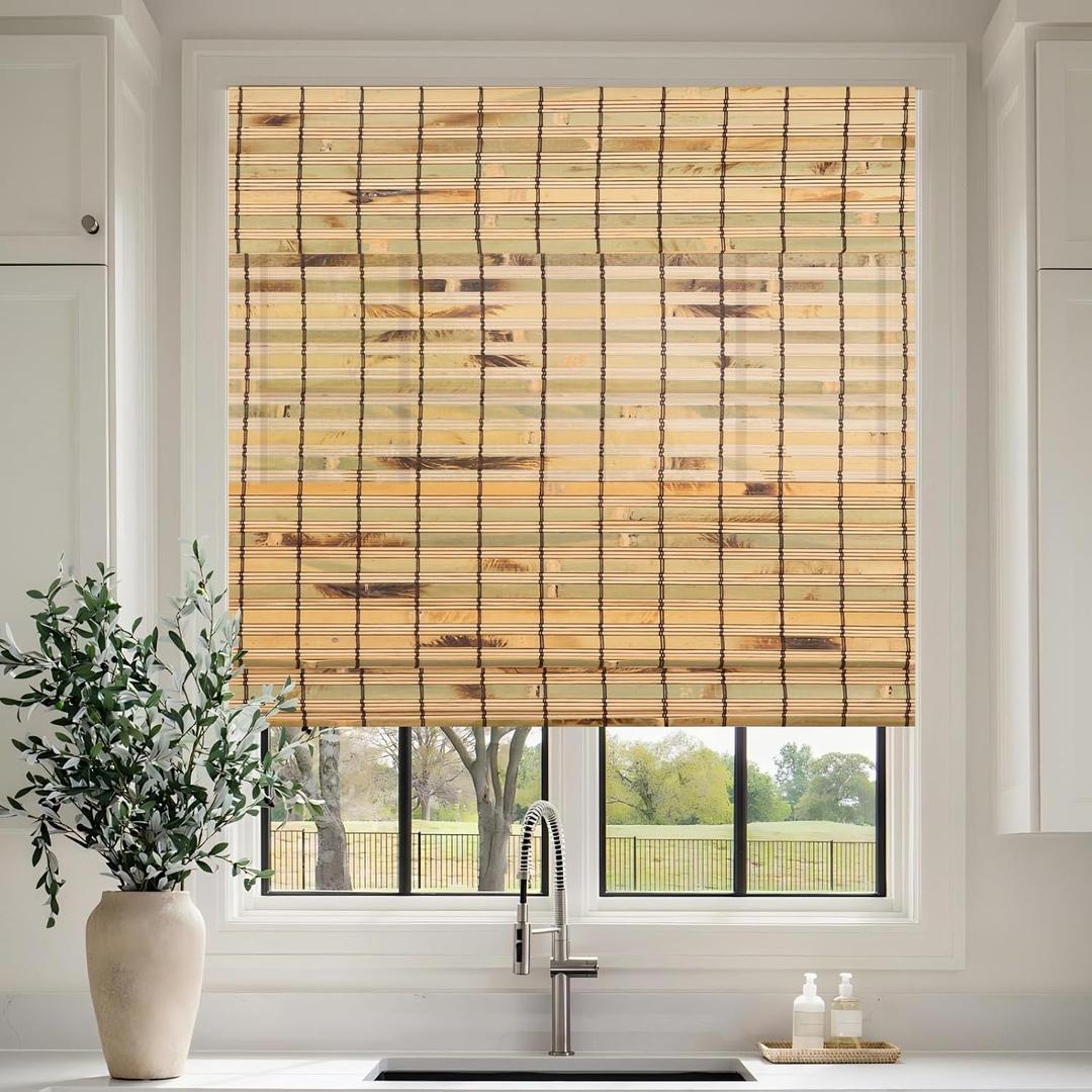 Cordless Bamboo Roman Shades, Roll Up Bamboo Window Shades for Interior Windows, Home and Garden, Light Filtering Blinds (24''W x 72''H)