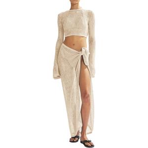 Women's Swimsuits Cover Ups Set for Crochet Bathing Suit Hollow Out 2 Piece Bikini Coverup Beach Swimwear (Beige-1), S