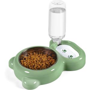 Dog Bowls, Cat Food and Water Bowl Set with Water Dispenser and Stainless Steel Bowl for Cats and Small Dogs - Green