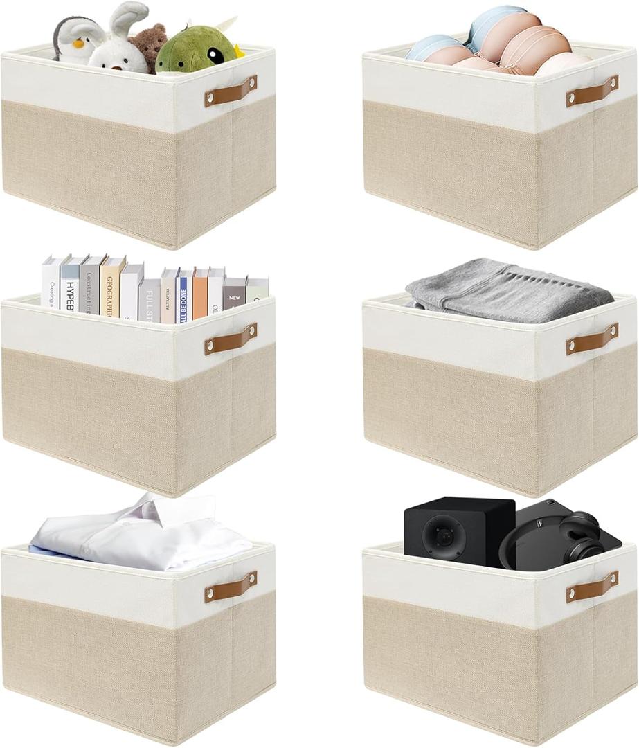 SNWDN 6 Pack Large Fabric Storage Baskets for Organizing Collapsible Fabric Storage Bins with Handles for Home organization and storage (White/Beige 15''Lx13''Wx13''H)