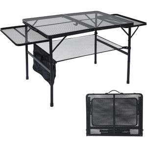 Folding Grill Table, 3x2 FT Portable Camping Table with 2 Wing Panels, Height Adjustable Metal Tables with Mesh Desktop and Mesh Bag, Outdoor Furniture for Camping, Picnic, Beach and BBQ, Black