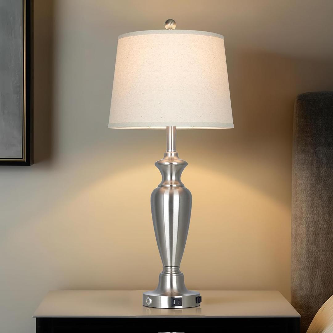 Silver Table Lamp for Living Room Single, 30 Tall Touch Control Bedside Lamp for Nightstand, 3-Way Dimmable Bedroom Lamp with USB A+C Ports and AC Outlet (1 Pack)