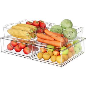 Refrigerator Organizer Bins with Pull-out Drawer 6 Pack Stackable Clear Fridge Drawer Organizer Fruit Vegetable Storage Containers for Kitchen Pantry Organization (2 Large+4 Medium)