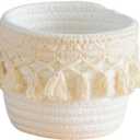 Macrame Makeup Brush Holder Organizer Cotton Rope Mini Storage Baskets Set of 1 Boho Home Decor Containers for Brushes Pens and Small Items (White)