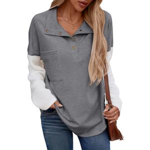 SHEWIN Fall Womens Oversized Sweatshirt Button Up Comfy Pullover Sweatshirt (Gray, XL)