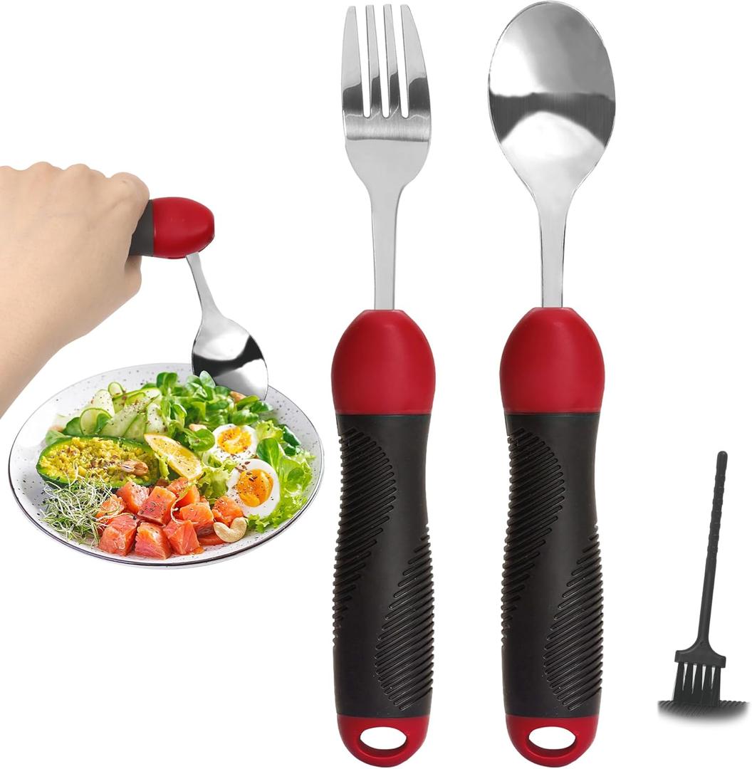 Adaptive Utensils Weighted Spoon Fork Set for Hand Tremors & Parkinson's Non-Slip Arthritis Aids for Elderly, Disabled Adults | Weak Hand Grip, Handicapped, Travel Eating Utensils