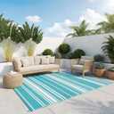 GAOMON Modern Striped 9x12 Outdoor Rug UV-Resistant Geometric Lines Reversible Plastic Straw Indoor Outdoor Rugs Waterproof Outside Large Carpet for Camping Trailer RV Balcony Pool Light Blue White