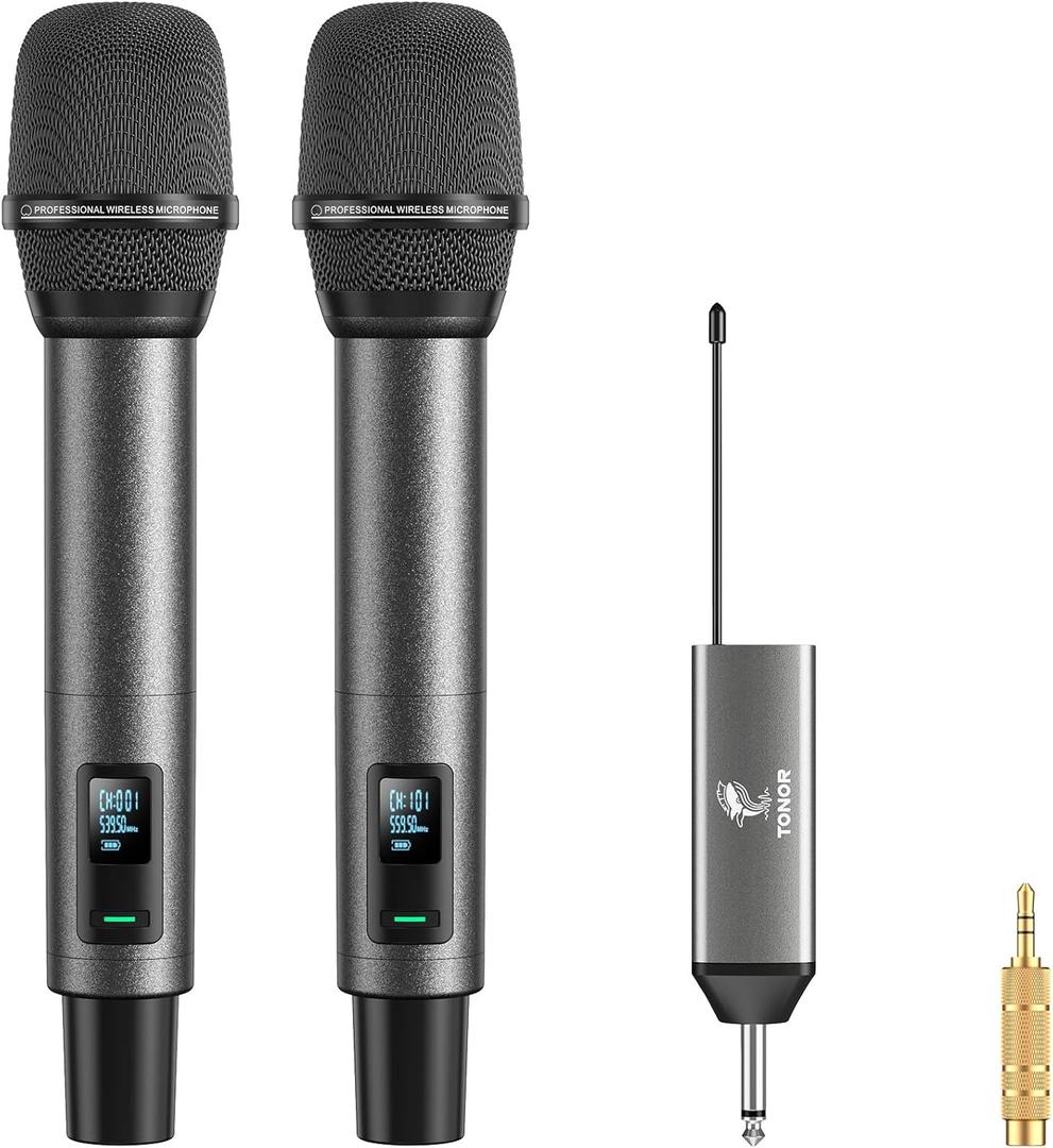 TONOR Wireless Microphones, UHF Rechargeable Cordless Karaoke Mics, 2x20 Channel Dynamic Microfonos Inalambricos Professional for Singing Church Wedding with Adjustable Volume, Quick Mute, 262ft TW520