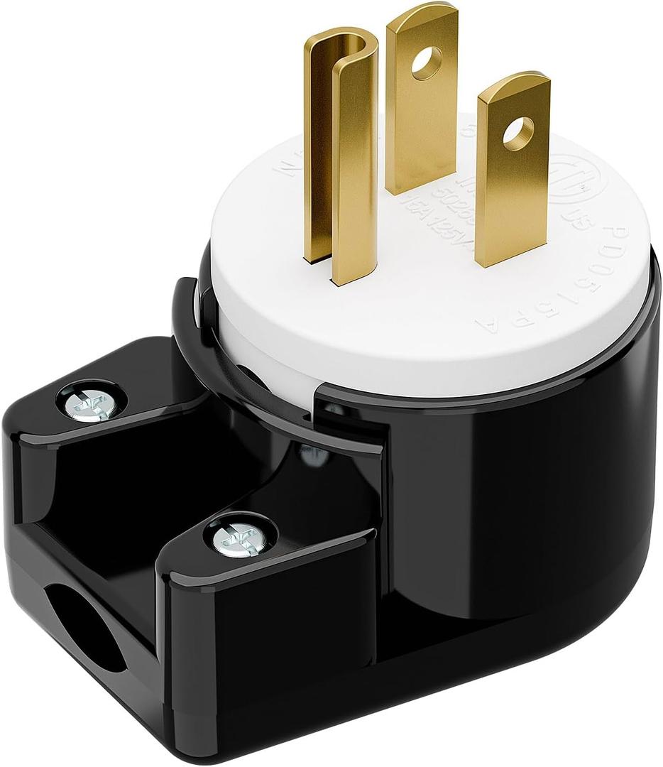 90 Degree USA Canada Male Plug, Plugrand Nema 5-15P 3 Pole Angle DIY Plug, 15A 125V USA 3Pin Right Angle AC Plugs, Nema 5-15P Angled Rewireable 12 Direction Male US 3Pole AC Connector, Black