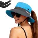 Women's Ponytail Safari Sun Hat,Wide Brim UV Protection Bucket Hat | Foldable Fishing Hat,Summer Hats,Ventilation Mesh,Breathable,Soft Sweatband,Travel, Summer, Hiking, Gardening, Beach, Outdoor
