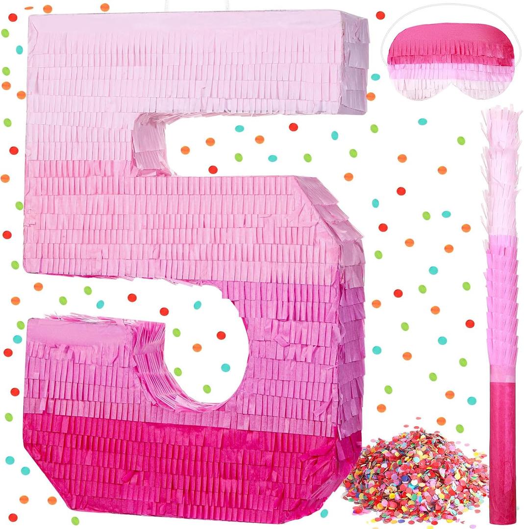 Sratte Number Piata Pink Piata Birthday Decorations Gradient with Stick Blindfold Confetti for Girls Boys Birthday Anniversary Party Decorations Supplies(Number 5)