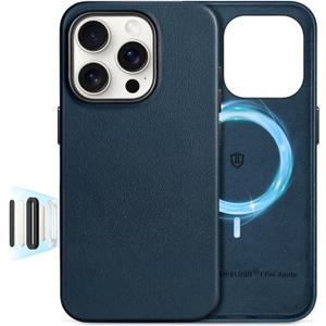 SHIELDON Case for iPhone 16 Pro 6.3", [Camera Button Updated], Compatible with MagSafe, Genuine Leather Magnetic Wireless Charging, Slim Fit, Metal Button, Shock-Absorbent Protective Case - Navy Blue