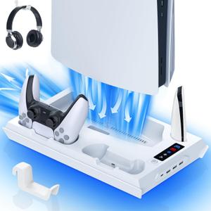 Cooling Station for PS5 with Dual Controller Charging Station, Stand for PS5 Slim Console, Headset Holder, 4 USB Hub & USB-C Port - All-in-One Accessories Organizer, White