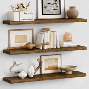 Forbena 36 Inch Floating Shelves for Wall Long Set of 3, Large Deep Wall Shelves for Bedroom Living Room Decor, Rustic Wood Floating Shelf for Kitchen Closet Office TV Plants Books (Dark Brown) Size: 36 x 8 Inch 3-Pack