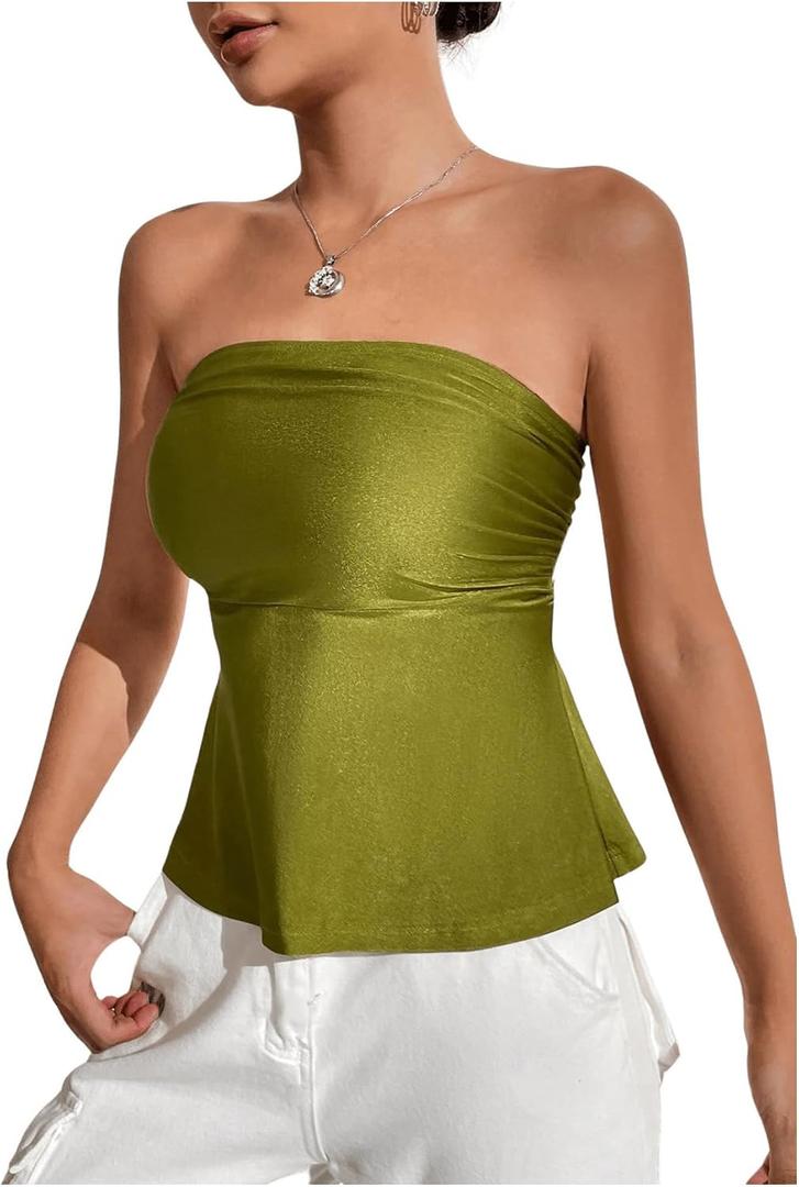 WDIRARA Women's Ruffle Strapless Bandeau Tube Top Sleeveless Summer Going Out Peplum Tops (S, Olive Green)