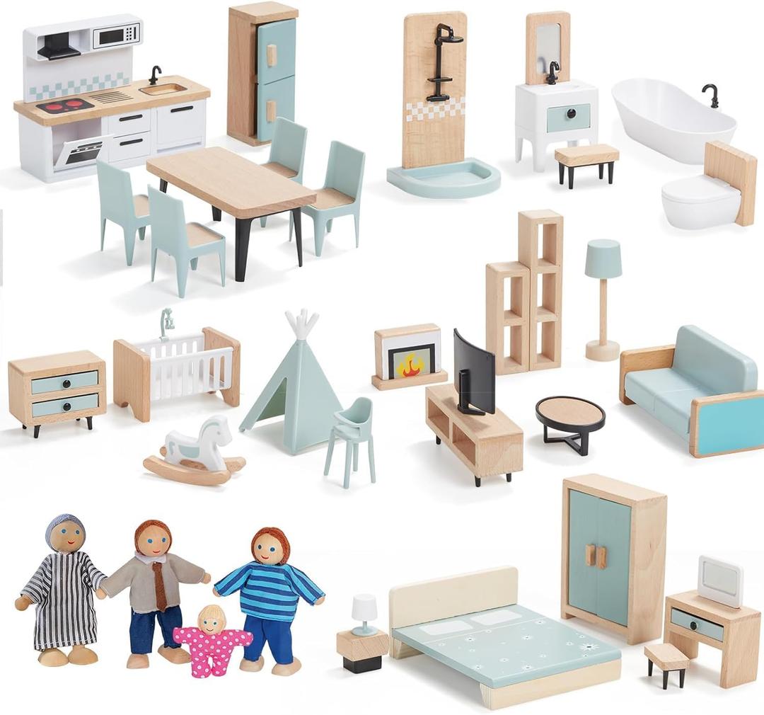 Giant bean 36pcs Wooden Dollhouse Furniture Set 5 Rooms 4 Family Dolls, Wood and Plastic Blue Dollhouse Accessories, Pretend Play Furniture Toys Christmas Birthday Gift for Boys Girls Kids Toddlers 3+