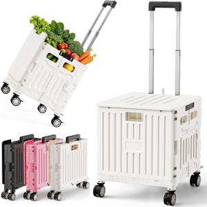 SUNALLY Folding Utility Cart Rolling Crate Handcart Shopping Trolley, White