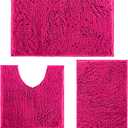 Deep Pink Plush Bath Set of 3 Anti-Slip Mats, Soft Chenille Shaggy Mat for Bathroom, Bedroom & Living Room, Water Absorbent