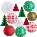 Christmas Hanging Decorations, 12 PCS Paper Lanterns, Honeycomb Christmas Trees, Hanging Paper Fans, Red Green Gold White Holiday Party Supplies for Home Xmas Holiday Party