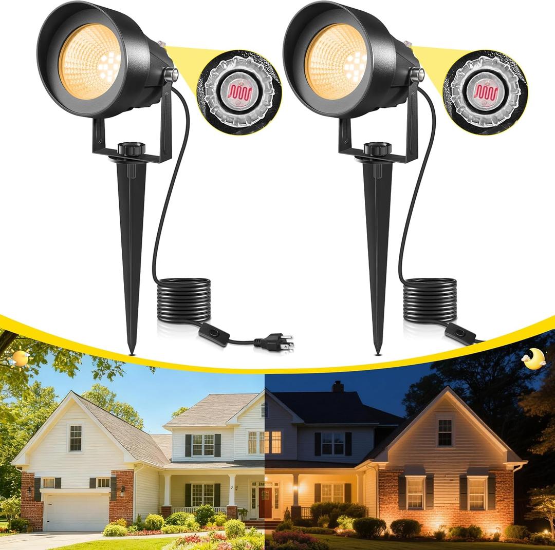 T-SUN Dusk to Dawn Outdoor Lighting, Flag Spot Lights with Photocell Auto On/Off, Waterproof 3000K Warm White LED Plug-in Landscape Spotlights for Garden Yard Tree Pathway Pole House, 2 Pack