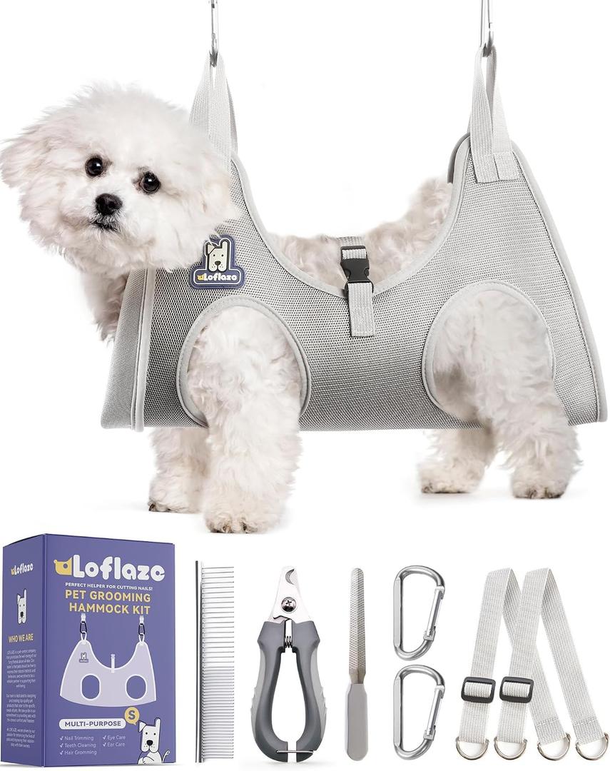 Loflaze Dog Grooming Hammock Harness for Dogs & Cats with Pet Nail Clipper Trimmer - Cat Hanger Sling for Trimming Clipping Nails- Dog Hammock Restraint Bag for pet Grey S
