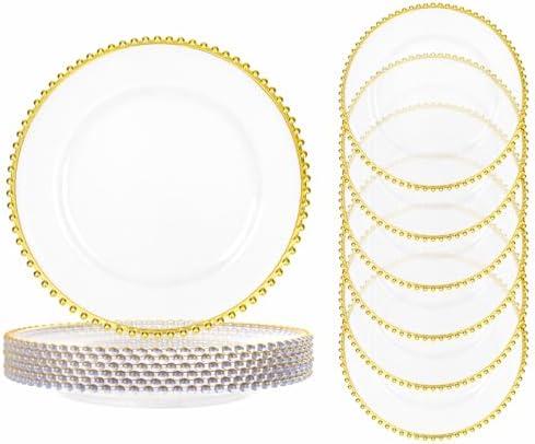 ejonirinjonir 13 Inch Clear and Gold Charger Plates, 6pcs Clear Charger Plates With Gold Beaded Rim, Chargers for Dinner Plate Plastic Perfect for Family Party and Wedding, Table Decorative
