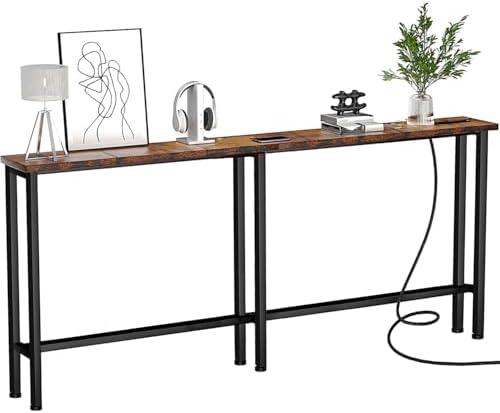 Keelian 78" Narrow Console Sofa Table with Power Outlets & 2 USB Ports, Metal Frame, Rustic Brown, Perfect for Hallway, Office, and Behind Sofa - Easy Assembly, 4.9' Extension Cord Included