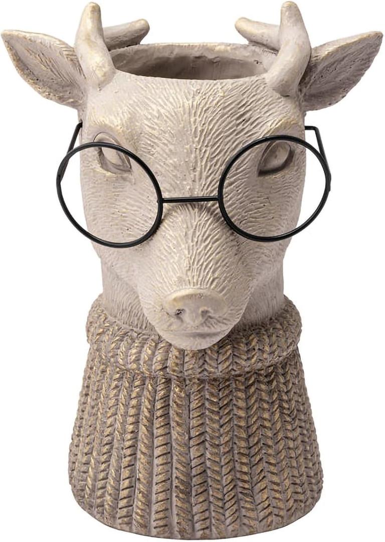 Napco Reindeer Wearing Sweater and Glasses - 7.25 Inch Tan Cement Standing Indoor or Outdoor Planter Pot