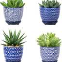 Selamica Ceramic Succulent Pots with Drainage Holes, Small Flower Pots 3.5 Inch Plant Pots for Indoor Plants with Saucers, Cactus Succulent, Home Decor, Set of 4, Vintage Blue