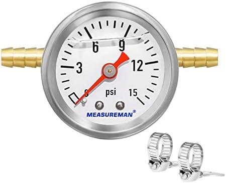 MEASUREMAN Fuel Pressure Gauge Kit 0-15Psi Stainless Steel Glycerin Filled, 1-1/2" Dial Size, with 5/16" Fuel Line Fuel Pressure Brass T-Fitting Adapter, Center Back Mount