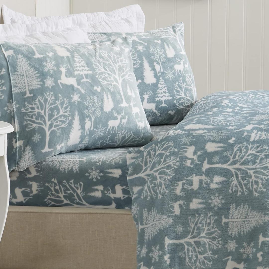 Great Bay Home 4-Piece Velvet Plush Micro Fleece California King Size Sheet Set - Deluxe Microplush Non-Pilling Bed Sheets- Lavish Sherpa Winter Bedding Set (Enchanted Woods Blue)