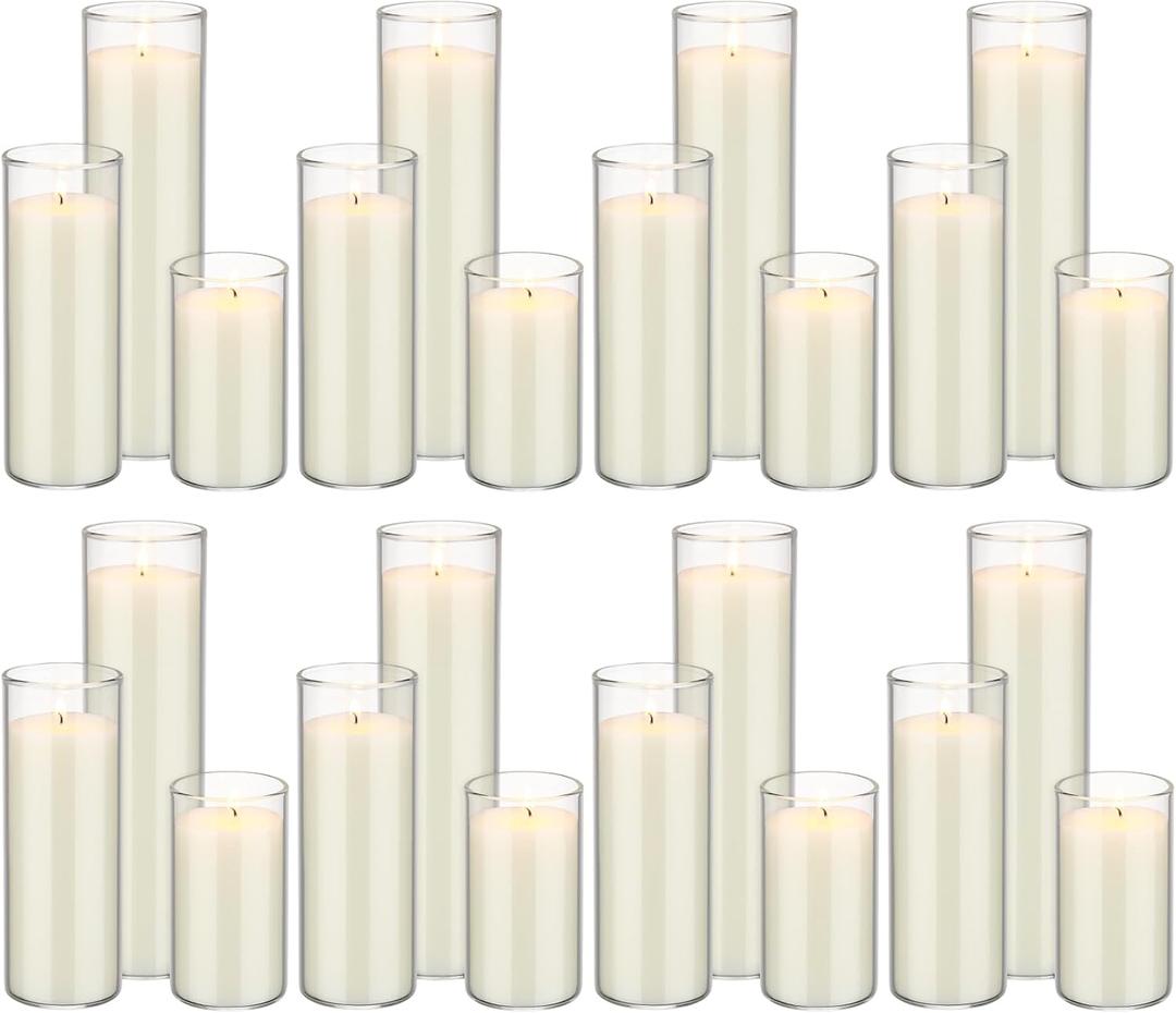 MTLEE Set of 24 White Pillar Candles with Glass Cylinder Vases Thin 2.1'' Wide Flower Glass Vases for Centerpiece Clear Hurricane Candle Holders and Candles Set Home Wedding Church Party, 3 Size