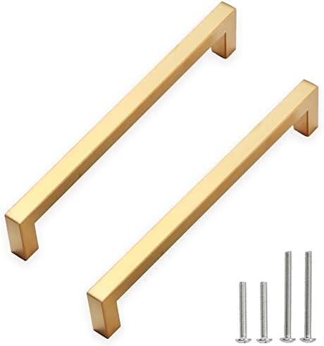 Redunest Cabinet Pulls Gold Cabinet Handles Square Drawer Pulls, 2 Pack 7-1/2 Inch Stainless Steel Kitchen Door Cupboard Cabinet Handles, Drawer Hardware Handles, 192mm Hole Centers