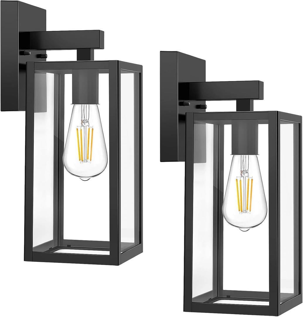 MAXvolador Outdoor Wall Sconce, Exterior Waterproof Wall Lantern Light Fixtures, Black Porch Lights with Toughened Glass Shade, Anti-Rust E26 Socket Front Door Mount Lighting, 2 Pack