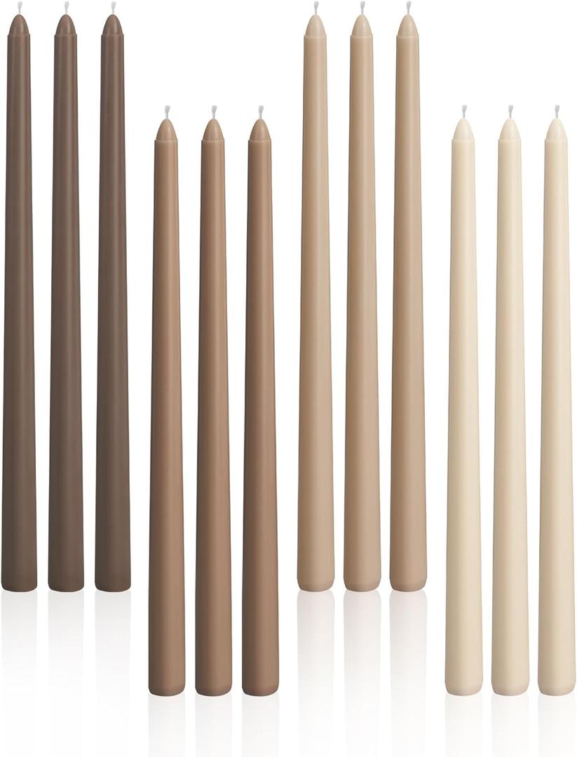 Viyffo Taper Candles, 12 Inch, 12 Pack, Brown  Unscented, Smokeless Design, Up to 8-Hour Burn  Tall Candlesticks for Table Decor, Weddings & Dinners