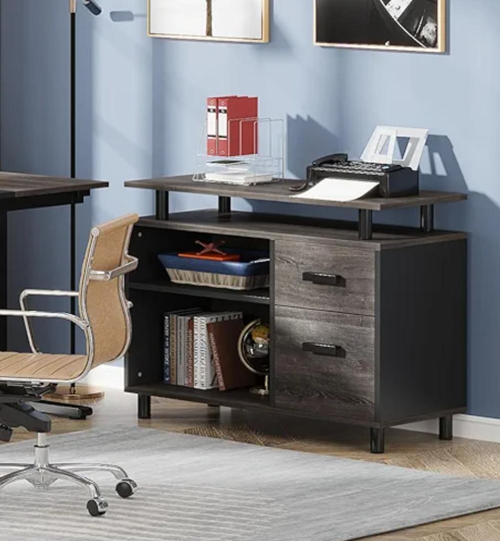 TribesignsFile Cabinet, Shaped Office Desk with Drawers and Storage Shelves, Gray