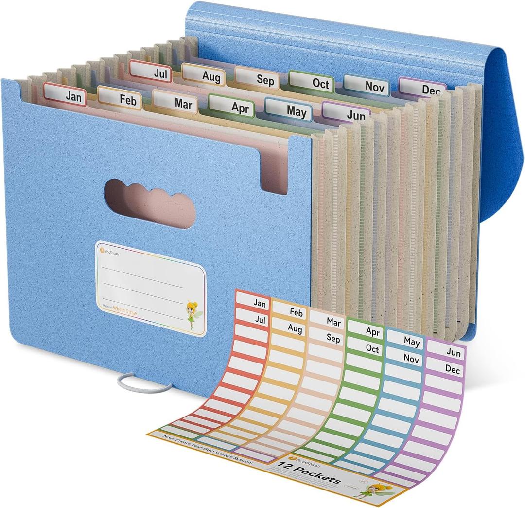 EcoStash Accordion File Organizer, 12-Pocket Wheat Straw Expanding File Folder, Portable Monthly Bill & Tax Receipt Organizer, Letter/A4 Size Document Holder with Colorful Tabs-UN Blue