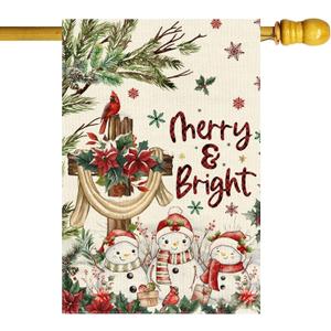 Merry & Bright Christmas Cross Poinsettias Snowmans Cardinals Winter House Flag large 28X40 Inch Big Vertical Double Sided Yard Outdoor Outside Holiday Decoration