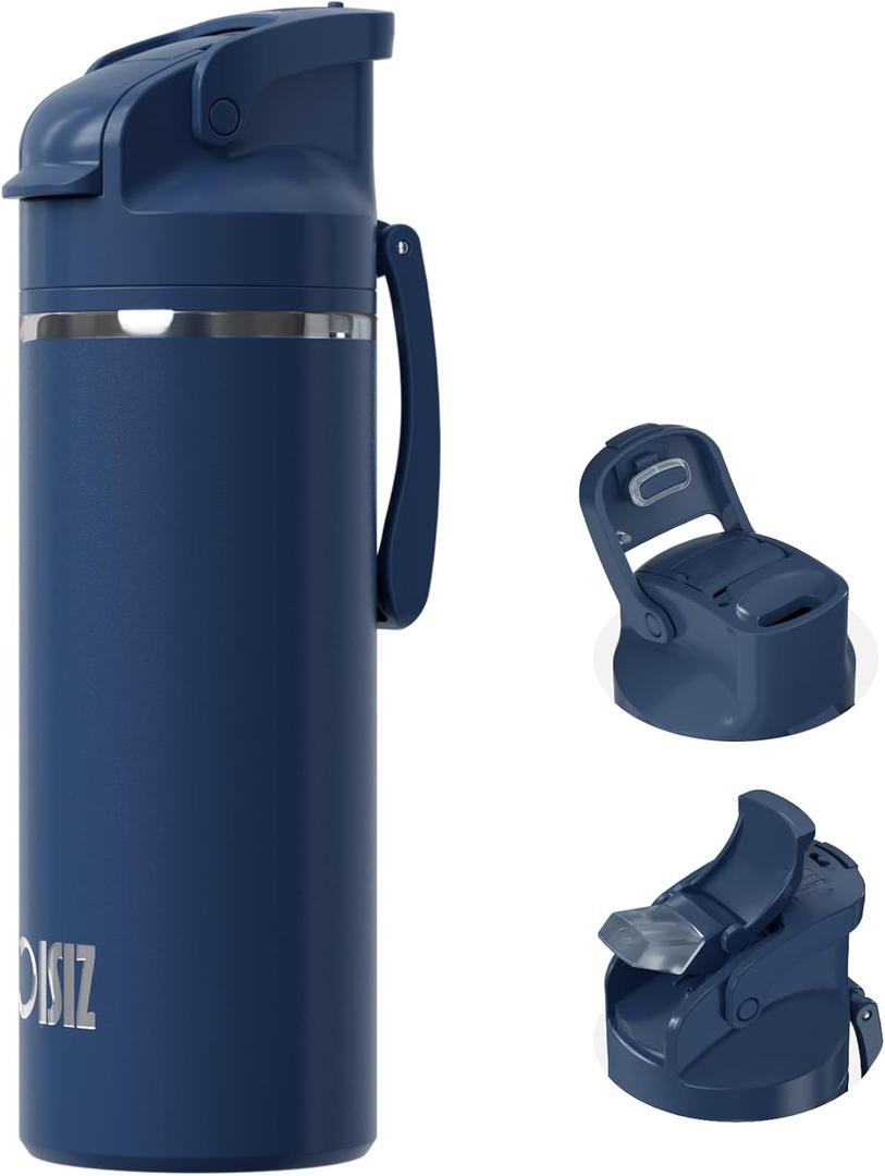 OISIZ Insulated Water Bottle 20 oz with 2 in 1 Spout and Straw Lid,One Click Safety Lock,100% Leakproof,Keep Cold 24H,Vacuum Stainless Steel Water Bottle for School,Travel and Sports,Dishwasher Safe (Navy Blue)