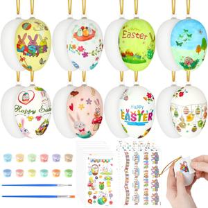 16 Set DIY Easter Eggs Painting Kit for Crafts White Blank Plastic Eggs Decorating with Colorful Paint and Stickers Rope for Adult Crafts Easter Hanging Ornaments Basket Fillers Party Favor Gift