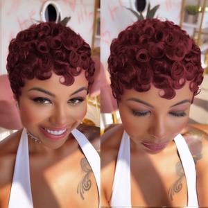 beauty proya Red Pixie Cut Human Hair Wigs for Black Women, Glueless Pixie Curly Wigs with Bangs, Burgundy Full Machine Made 4" Short Curly Human Hair Wig Wear and Go (99J)
