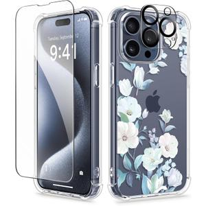 GVIEWIN for iPhone 15 Pro Case, [3 in 1] with Screen Protector & Camera Lens Protector, Clear Hard Shockproof Slim Fit Floral Phone Cover for Women Girls 2023 6.1" (Hibiscus)