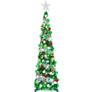 5 Ft Pop Up Tinsel Christmas Tree with Timer 60 Warm Multi Color Change Lights 15 Ball Ornaments 4 Modes 3D Star Battery Operated Artificial Xmas Tree Home Indoor Outdoor Decor (Green Silver)