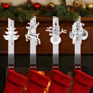 ANOEPUY Stocking Holders for Mantel, 4 PCS Mantle Garland HangerSnowman, Reindeer, Christmas Tree and Father Christmas Designs, with Non-Slip Base Hooks, Silver