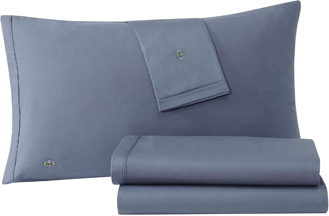 Lacoste 100% Cotton Percale 4-Piece Sheet Set Crisp Cool Breathable All-Season Bedding, Oeko-Tex Certified, Soft Matte Finish, Durable Premium Cotton Solid, Vintage Indigo, Queen