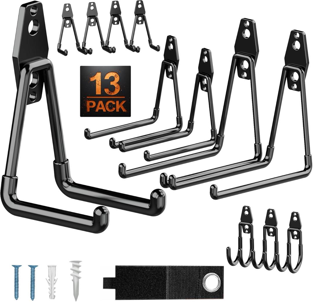 Pack 13 Garage Hooks Heavy Duty | Multi-Sized Wall-Mounted Tool Hangers with Anti-Rust PVC Coating | Heavy Duty Wall Hooks for Bikes, Ladders, Garden Tools, and More with Garage Wall Organizer